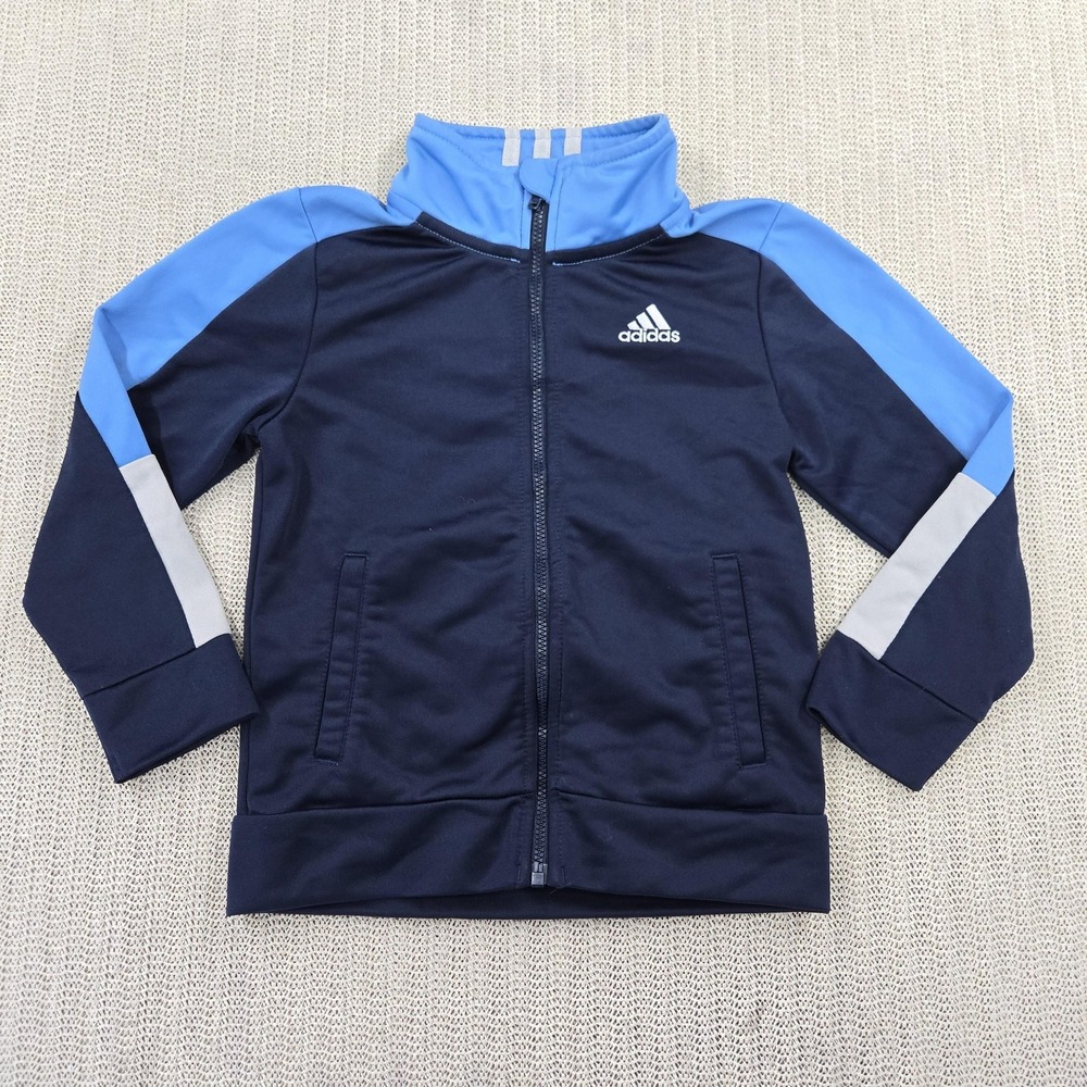 Adidas Track Jacket Youth 4 Navy Blue Full Zip Colorblock 3 Stripe Logo Boys